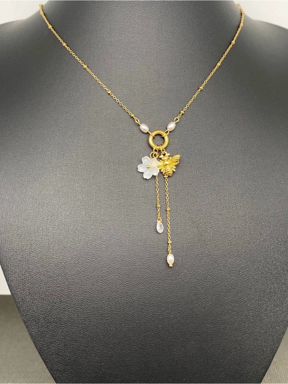 Bee & Flower Charm 18k gold plated -S Steel necklace NWT
